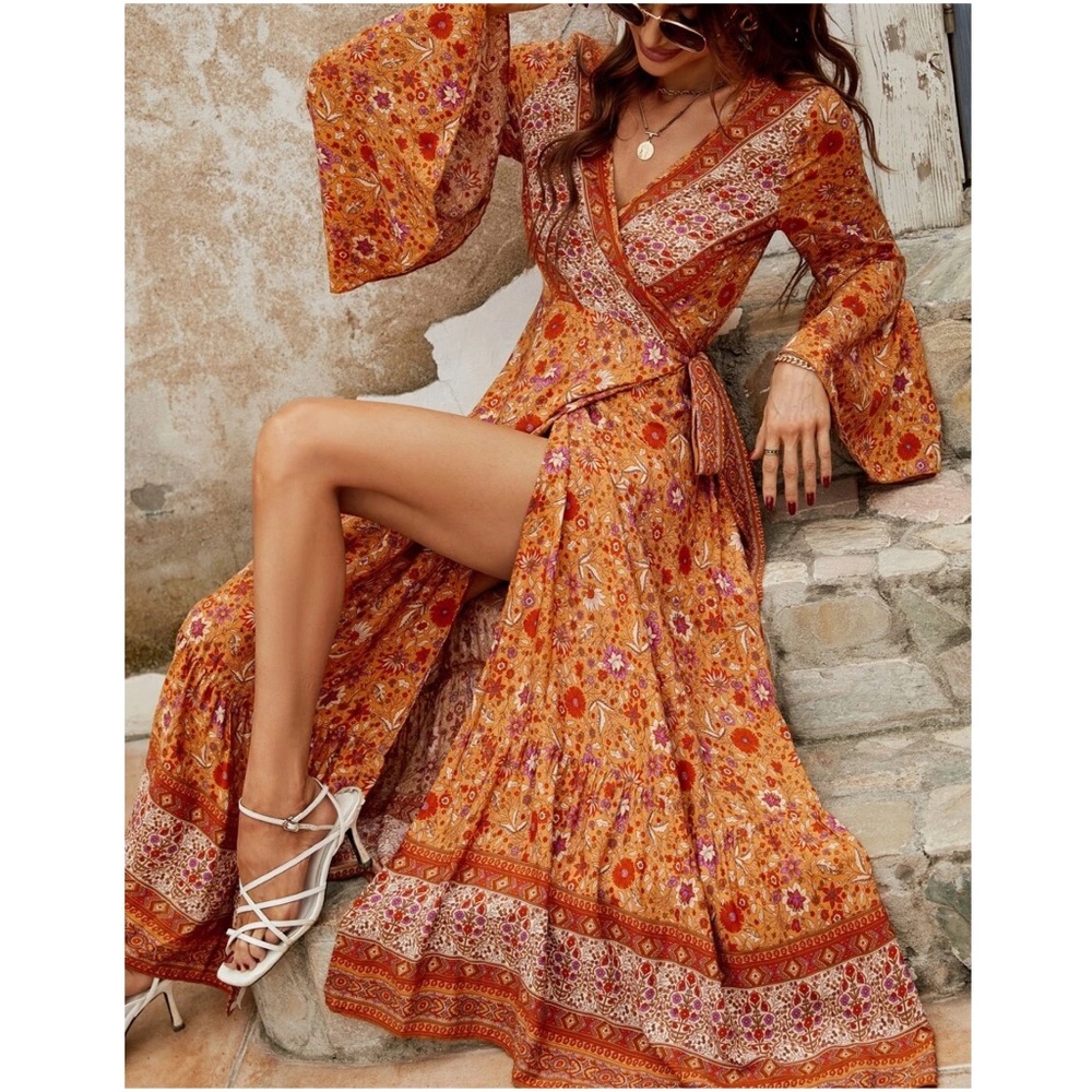 Boho Orange Floral Print Wrap Maxi Dress - Picture 1 of 5